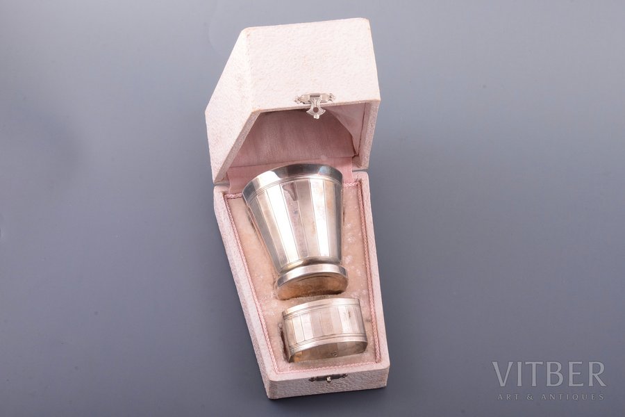 set of serviette holder and goblet, silver, 950 standart, 105.50 g, France, h (goblet) 7.6 cm, serviette holder 3 x 5.2 x 3.9 cm, in a box