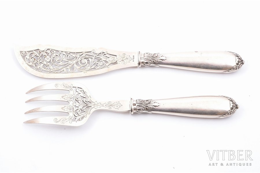 flatware set, silver, 2 items, 950 standard, 312.60 g, engraving, 25.7, 28.6 cm, France, dent on a handle