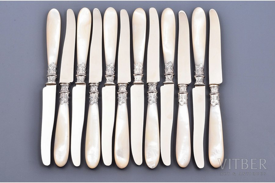 knife complect, 12 pcs., 950 standard, (total weight of items) 545.05, nacre, 20.7 cm, Laparra & Gabriel, 1902-1923, Paris, France, blade and fastening are from different masters