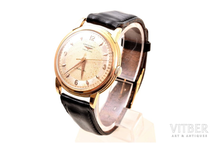 наручные часы, "Longines", Швейцария, золото, 18 K проба, общий вес 45.10 г, 4.1 x 3.7 x 1.2 см, Ø 29 мм, на ходу