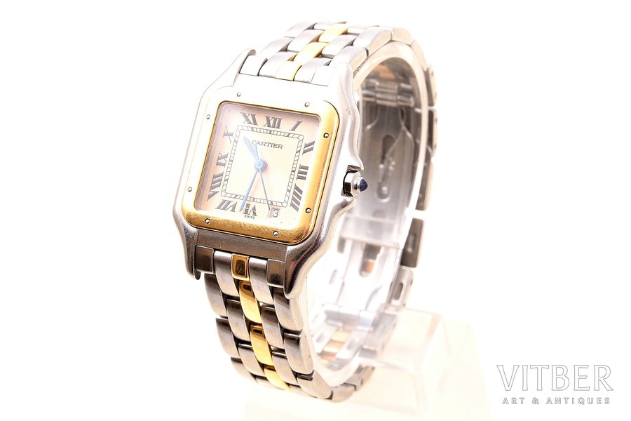 wristwatch, "Cartier", Switzerland, gold, metal, 18 K standart, total weight 64.95 g, 3.7 x 3 x 0.6 cm, Ø 18 x 18 mm, in working condition