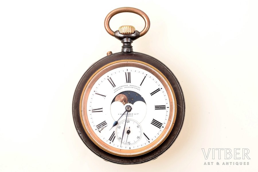pocket watch, "J. Verhagen & Co Koeln", two-sided, with calendar, Germany, metal, 6.7 x 5.5 cm, Ø 46 mm, in working condition, damaged dial