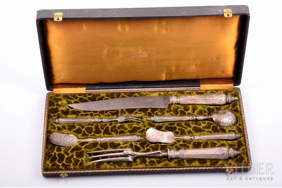flatware set, silver, 6 items, 950 standard, total weight 392.25, metal, 33.2 - 17.5 cm, France, in a box, dents on two shovels