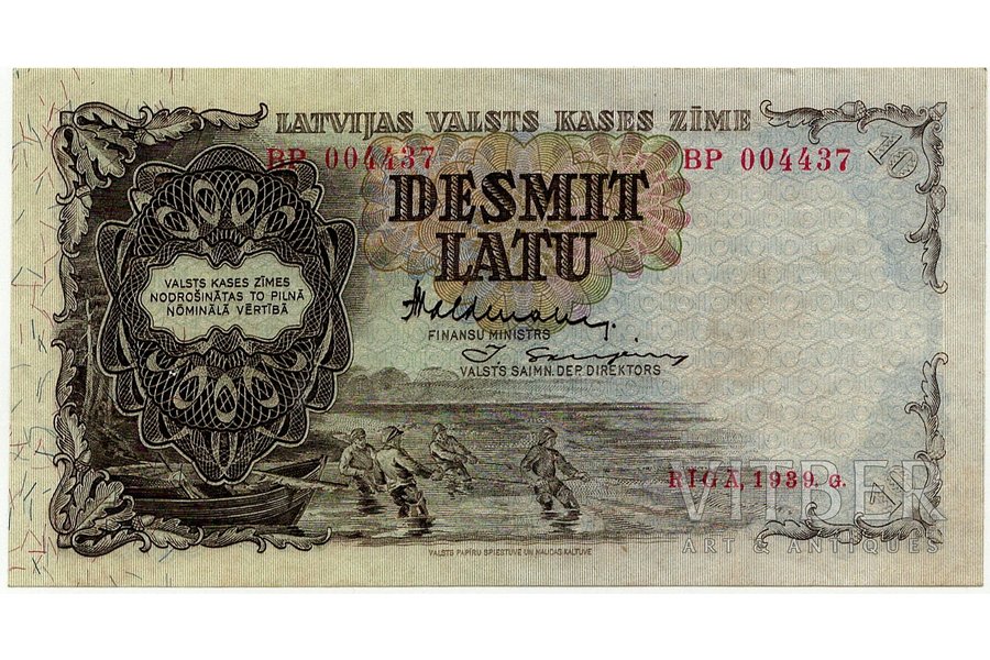 10 lati, banknote, 1939 g., Latvija, AU