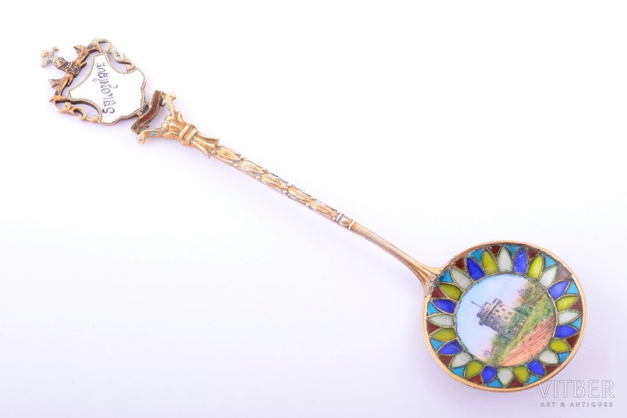 teaspoon, silver, Salonica, 800 standard, 13.65 g, painted enamel, plique-à-jour vitreous enamel, 13 cm