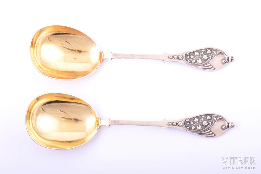 pair of spoons, silver, salad serving spoons, 800 standard, 174.80 g, gilding, 20.8 cm, Germany
