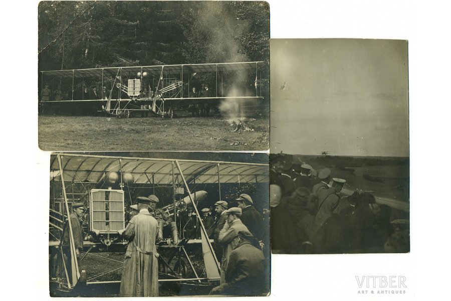 photography, 3 pcs, The Airplane of V. Abramovich, who in 1912 flew from Berlin to Saint Petersburg and for technical reasons landed in Latvia as well, Latvia, Russia, beginning of 20th cent., 14x9, 13,6x8,4, 12,8x8,4 cm
