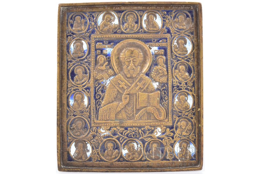 ikona, Svētais Nikolajs Brīnumdarītājs, vara sakausējuma, 2-krāsu emalja, Krievijas impērija, 19. un 20. gadsimtu robeža, 14.4 x 12.3 x 0.5 cm, 485.7 g.