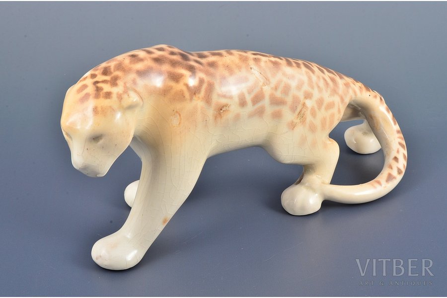 figurine, Leopard, faience, Riga (Latvia), USSR, Riga porcelain factory, molder - Aina Mellupe, the 60ies of 20th cent., 11.4 x 25.8 x 8.4 cm, first grade