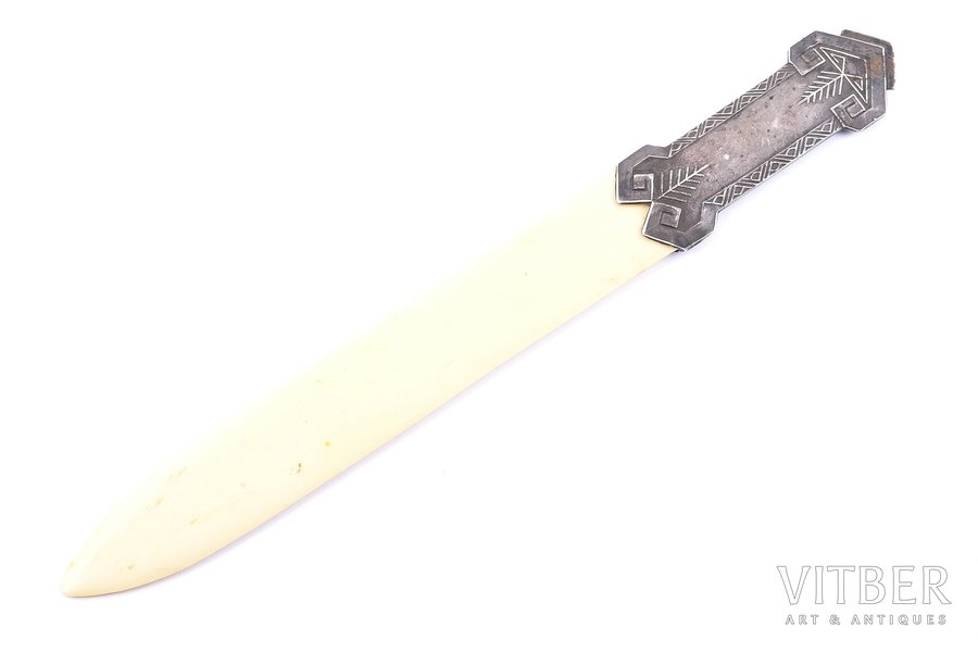 letter knife, silver, 875 standard, total weight of item 53.10, bone, 28.7 cm, the 20-30ties of 20th cent., Riga, Latvia