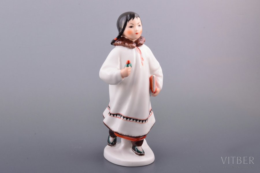 figurine, Yakut girl with flower and book, porcelain, Russian Federation, LFZ - Lomonosov porcelain factory, beginning of 21st cent., h 19.6 cm, first grade
