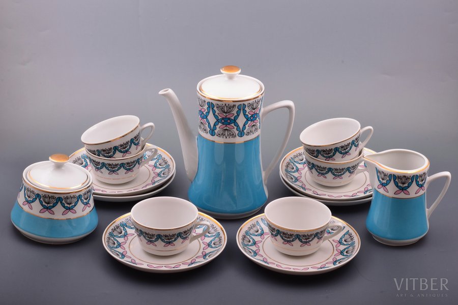 service, for 6 persons - 15 items, porcelain, Rīga porcelain factory, Riga (Latvia), 1968-1980, h (cup) 4.8 cm, Ø (plate) 15.2 cm, h (teapot) 19.4 cm, first grade
