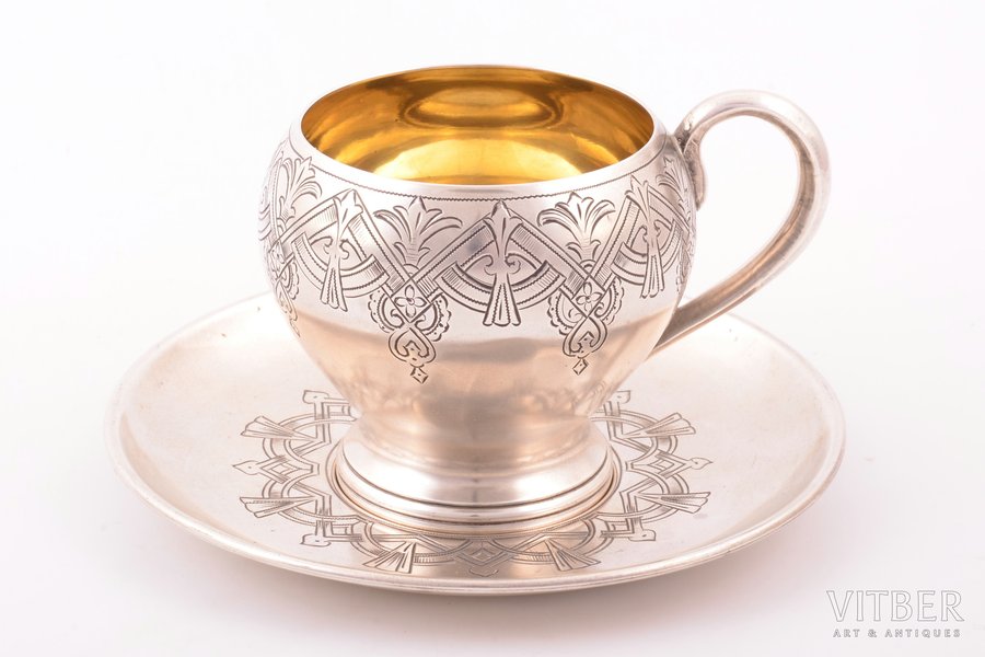 tea pair, silver, 84 standard, 248.40 g, engraving, gilding, h (cup) 7.5 cm, Ø (plate) 13.6 cm, by Timofey Rychagov, 1896-1907, Moscow, Russia