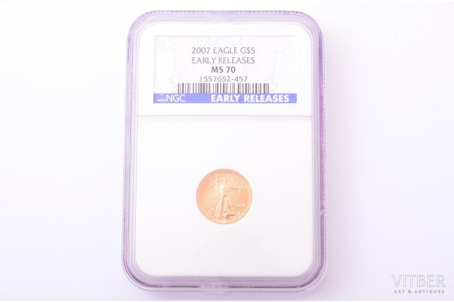 5 долларов, 2007 г., золото, США, Ø 16.5 мм, MS 70