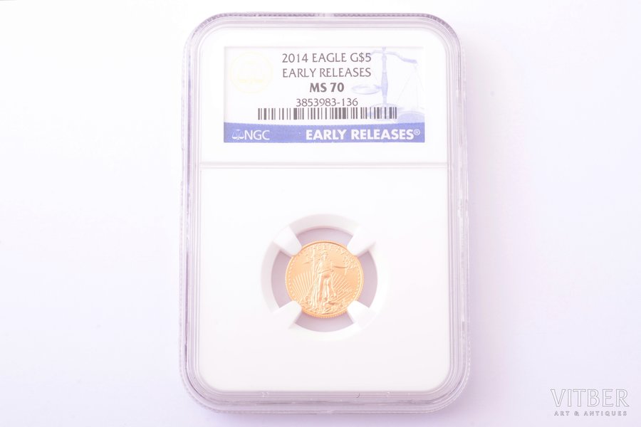 5 долларов, 2014 г., золото, США, Ø 16.5 мм, MS 70