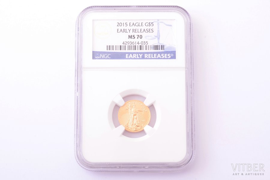 5 долларов, 2015 г., золото, США, Ø 16.5 мм, MS 70