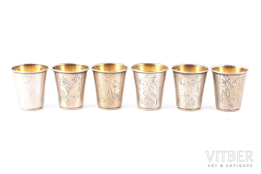 set of 6 beakers, silver, 875 standard, 110.20 g, engraving, h - 4 cm, Baku Jewelry Factory, 1969, Baku, USSR