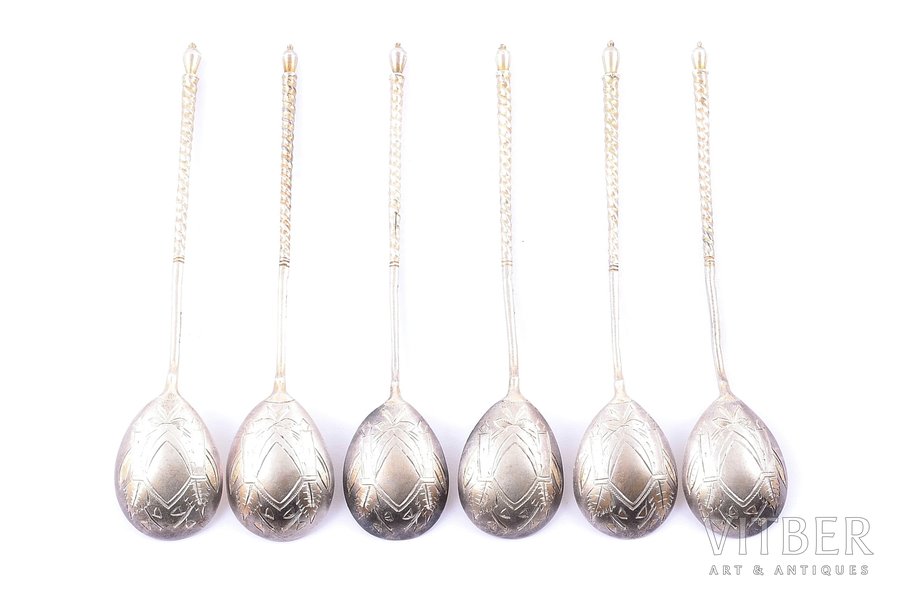 set of teaspoons, silver, 6 pcs, 84 standard, 72.85 g, engraving, gilding, 12.9 cm, 1891, Moscow, Russia
