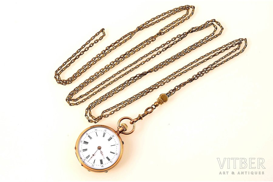 pocket watch, "Remontoir", with a chain, Switzerland, gold, metal, 14 K standart, total weight 47.80 g, 4.2 x 3.3 cm, Ø 30 mm, chain length  150 cm, in working condition