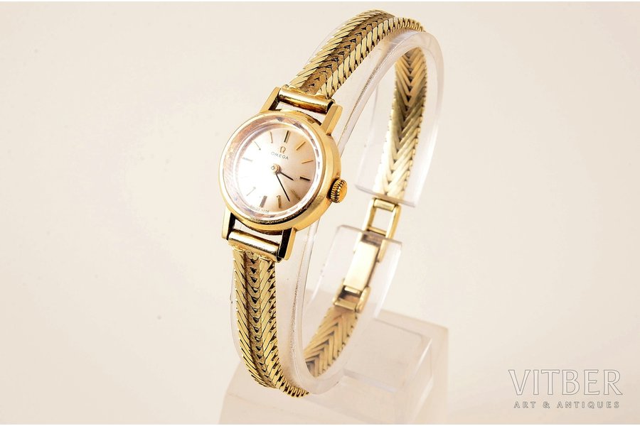 wristwatch, "Omega", ladies', Switzerland, gold, 585 standart, 25 g, 2 x 2.5 x 0.7 cm, Ø 16 mm, length 18.1 cm, in working codition