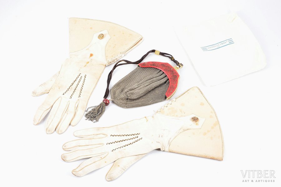 set for ladies, purse and gloves, metal, leather, length of the glove 29.8 cm, purse 16.6 x 10.3 cm, purse with a pouch