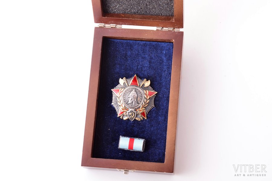 the Order of Alexander Nevsky, № 33460. Awarded to Endel Puusepp, a Soviet bomber pilot of Estonian origin. He participated in the operation to locate the plane of Sigizmund Levanevsky, which disappeared in the Arctic. He also flew to the ice station Northopole-1 on several occasions and visited other Soviet Arctic stations. In 1941 under the command of Mikhail Vodopianov, Puusepp participated in his first bombing mission. After a successful air raid on Berlin, his airplane was heavily damaged by anti-aircraft artillery and resulting in an emergency landing in Estonia. Due to Puusepp the crew avoided being captured and returned to Soviet-controlled territory safely. By 1942 Endel Puusepp completed over 30 nighttime strategic bombing campaigns against Berlin, Danzig and Konigsberg. He was a recipient of the Hero of the Soviet Union award for flying a high-ranking delegation over the front line from Moscow to Washington, D.C. and back to negotiate the opening of the Western Front.