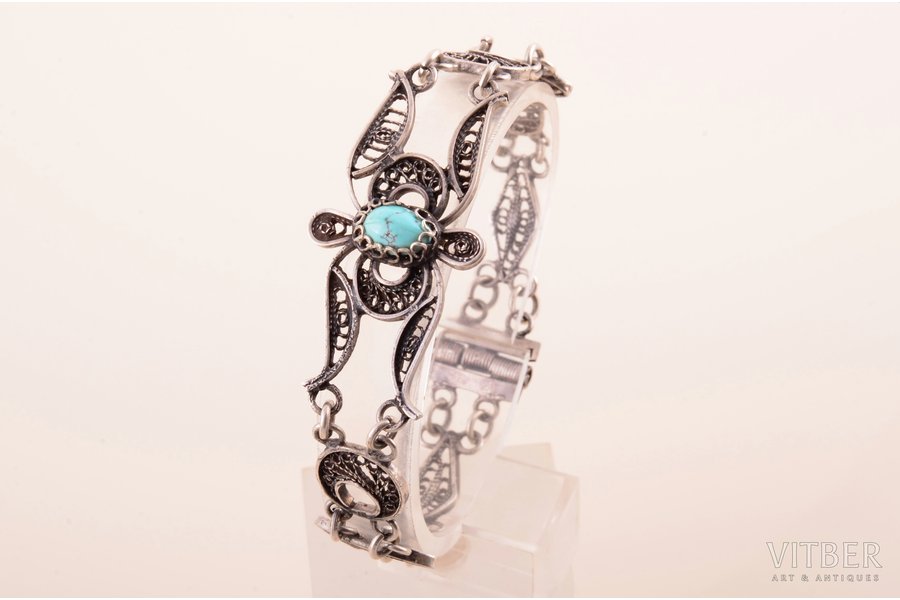 a bracelet, silver, filigree, 12.55 g., the item's dimensions 17.8 cm, turquoise