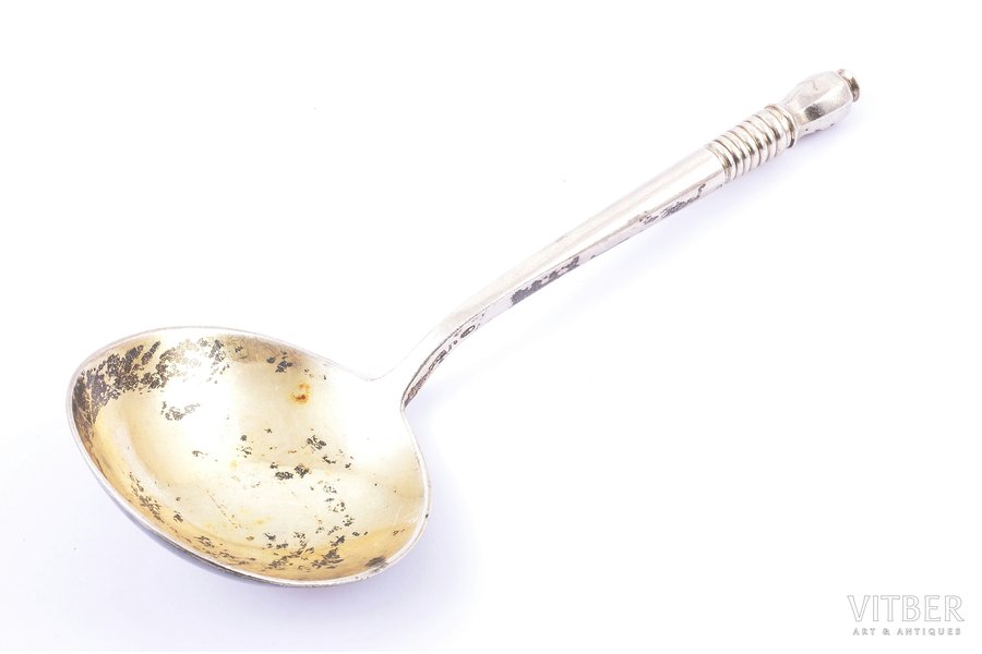 spoon, silver, 84 standard, 91.35 g, gilding, 17.2 cm, by Auvin Ionas, 1859, St. Petersburg, Russia