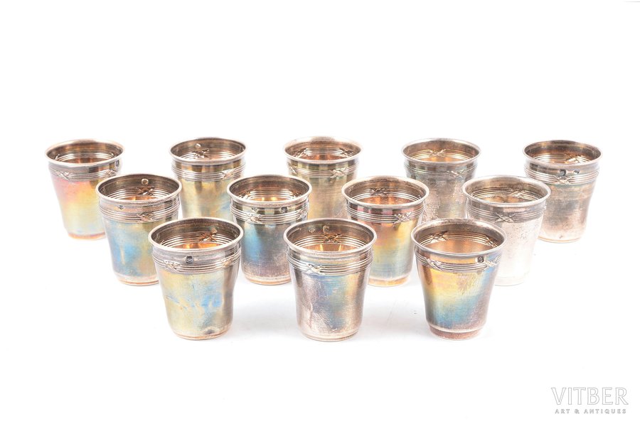set of 12 beakers, silver, 950 standard, 98.05 g, h - 4 cm, France, items made by two different craftsman, dents