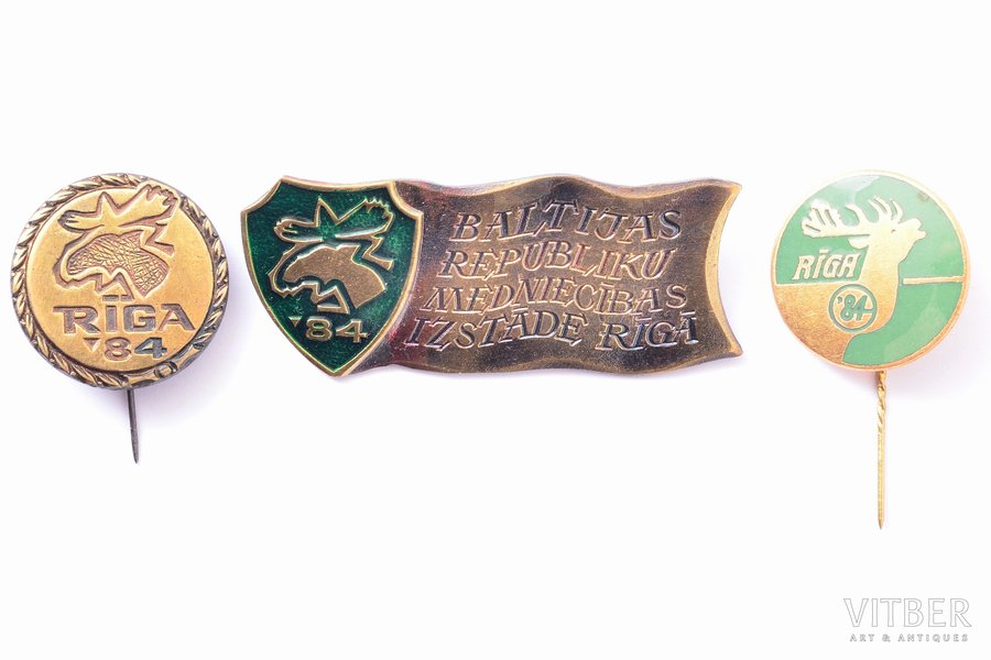 set, badges, 3 pcs, Baltic state hunting exhibition in Riga, Latvia, USSR, 1984, Ø - 23.5, 22 x 53.5, 21.7 mm