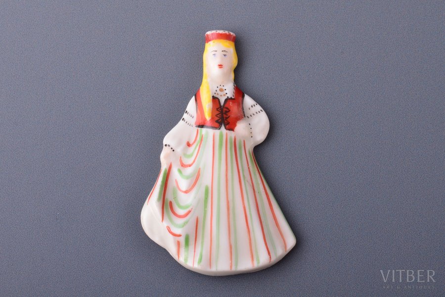 brooch, girl in the traditional costume, porcelain, M.S. Kuznetsov manufactory, Riga (Latvia), the 20-30ties of 20th cent., 5 x 3.1 cm, safety pin is missing