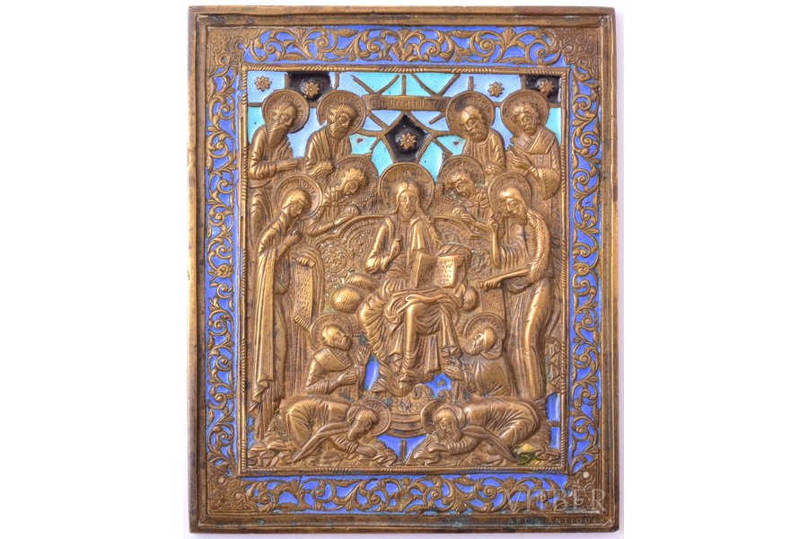 ikona, Jēzus Kristus tronī, vara sakausējuma, 4-krāsu emalja, Krievijas impērija, 19. gs. beigas, 13 x 10.7 x 0.4 cm, 371.95 g.