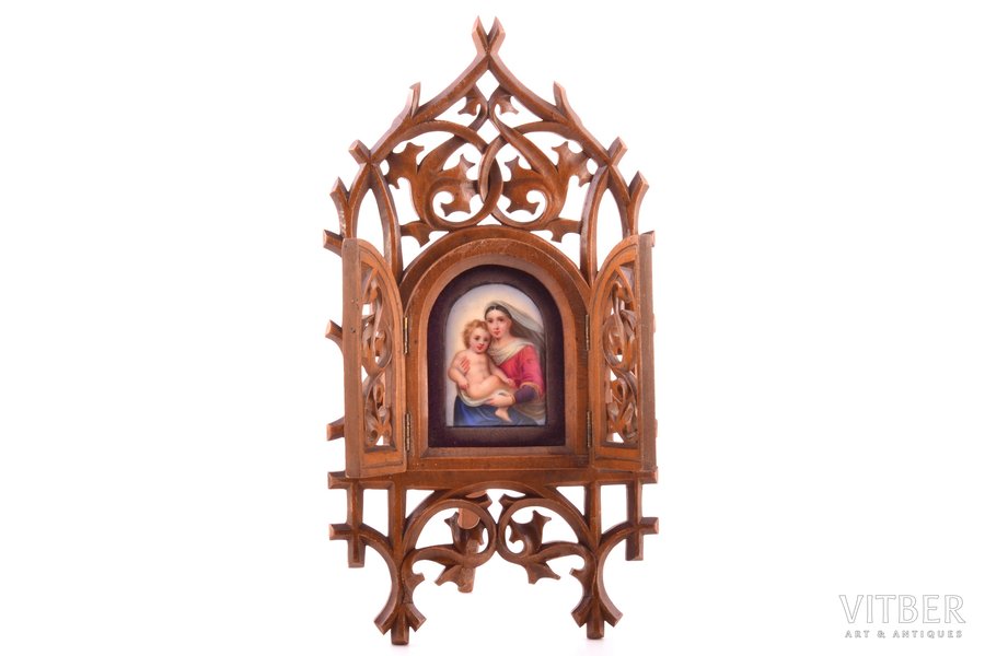 tabletop icon, Mother of God, in wooden icon stand, hand painted, enamel, wood, icon stand size 23.7 x 12.6 cm, icon size 5.4 x 3.8 cm
