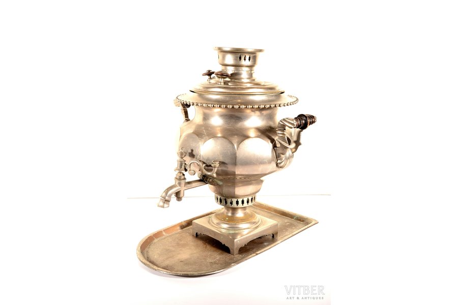 samovar, Br. Batashevs', with tray, shape "faceted vase", brass, nickel plating, Russia, the end of the 19th century, weight (weight with tray) 9850 g, h (samovar) 47.5 cm, tray 48.7 x 27 cm, NO DELIVERY - LOCAL PICKUP ONLY!