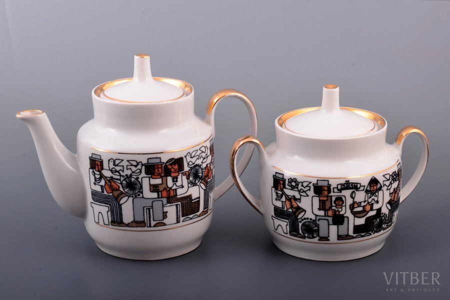 set of teapot and sugar-bowl, "Riga", porcelain, Rīga porcelain factory, Riga (Latvia), USSR, the 60-80ies of 20th cent., h (teapot, with lid) 15 cm, h (sugar-bowl, with lid) 12.5 cm, first grade