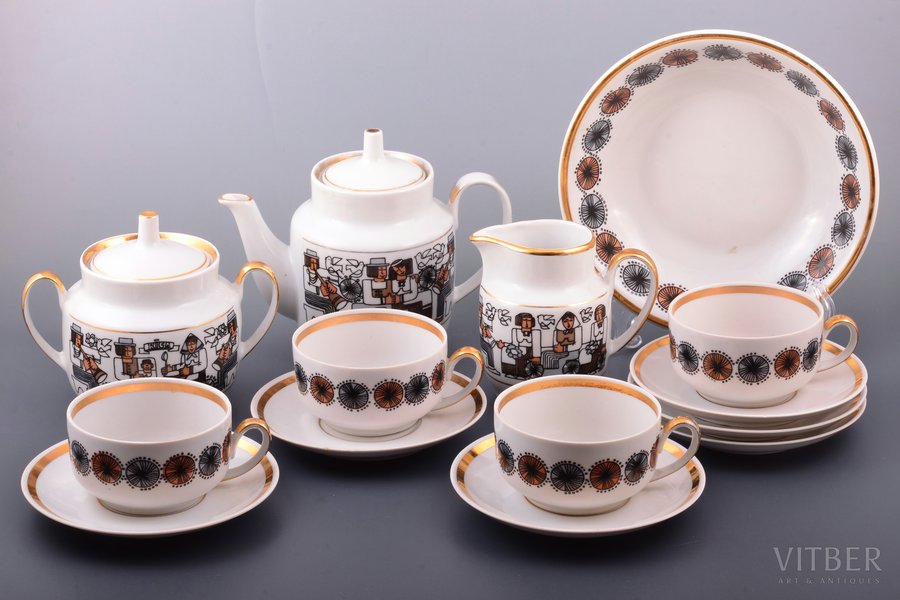 service, "Riga", porcelain, Rīga porcelain factory, Riga (Latvia), USSR, the 60-80ies of 20th cent., h (cup) 5.2 cm, Ø (plate) 14.2 cm, h (teapot, with lid) 15 cm, h (sugar-bowl, with lid) 12.5 cm, second grade