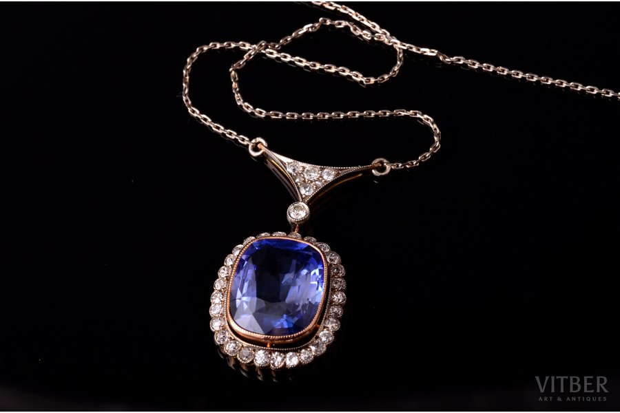 ожерелье, неглиже, золото, 583 проба, 8.31 г., алмаз, синтетический сапфир, СССР, длина цепочки - 46 см, кулон - 3.4 x 1.8 см