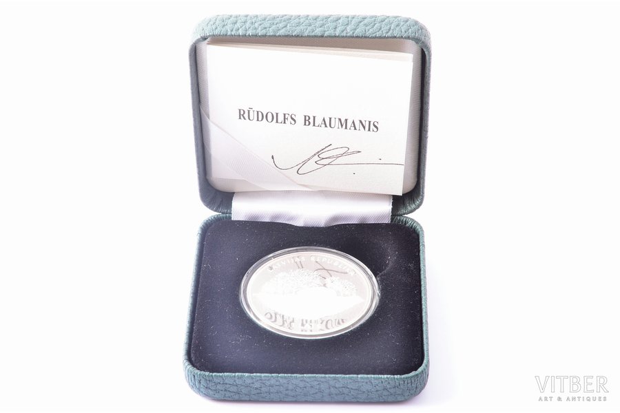 1 lat, 2013, "Rūdolfs Blaumanis", certificate with coin's author autograph, silver, Latvia, 22 g, Ø 35 mm, Proof, in a case