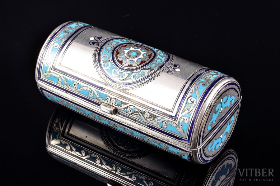 cigarette case (?), silver, 88 standart, enamel, 1886, 110.05 g, by Konstantin Skvortsov, Moscow, Russia, h - 8.6, Ø - 3.9 cm