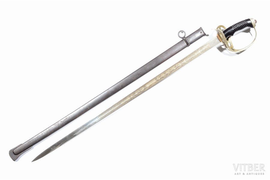 epee, Husar regiment of emperor Nicholas II. of Russia (1. Westphalian) № 8, (Husaren-Regiment „Kaiser Nikolaus II. von Russland“ (1. Westfälisches) № 8.), Prussian army, with scabbard, blade length 75 cm, total length 89 cm, Germany, the beginning of the 20th cent.