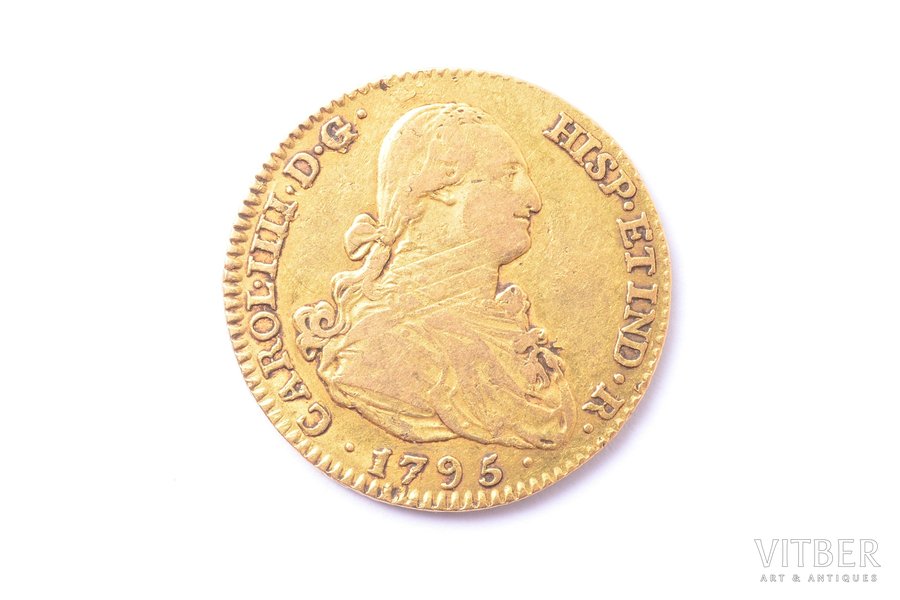 2 эскудо, 1795 г., золото, Испания, 6.80 г, Ø 22.2 мм, VF