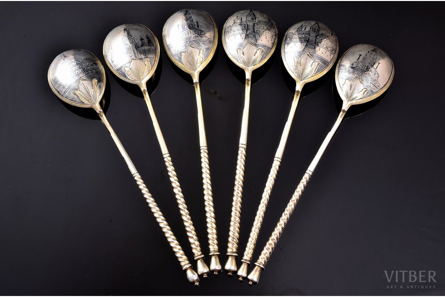 set of teaspoons, silver, views of Kremlin, 84 standard, 111.85 g, niello enamel, gilding, 13.7 cm, Vasiliy Ashmarin's factory, 1884, Moscow, Russia