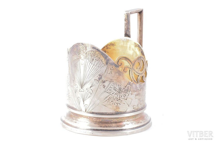 tea glass-holder, silver, Air forces, 875 standard, 108.15 g, engraving, h (with handle) - 9.2, Ø (internal) - 6.4 cm, Moscow Jewelry Factory, 1954-1958, Moscow, USSR