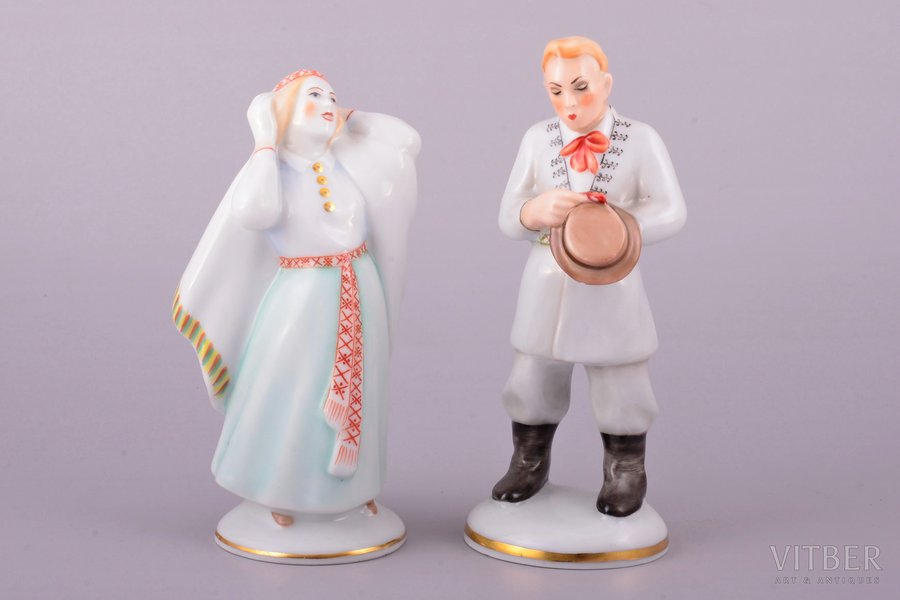 figurine, Mourning pair in traditional costumes, porcelain, Riga (Latvia), sculpture's work, M.S. Kuznetsov manufactory, handpainted by Mirdza Januza, molder - Augusta Silina, 1937-1940, 15.2 / 13.9 cm