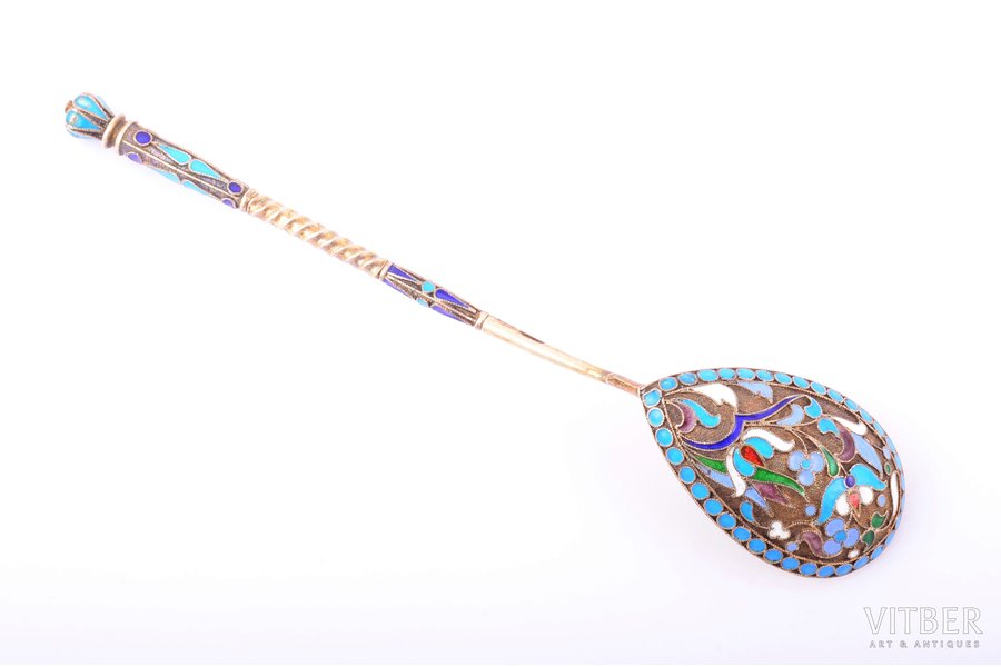 teaspoon, silver, 84 standard, 21.65 g, cloisonne enamel, gilding, 14.2 cm, 1896-1907, Russia