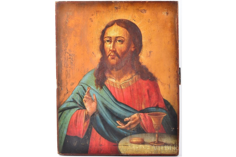 ikona, Jēzus Kristus Pantokrators (Visavaldītājs) ar maizi un vīnu, dēlis, gleznojums, Krievijas impērija, 19. gs. 1. puse, 36 x 29 x 2.4 cm