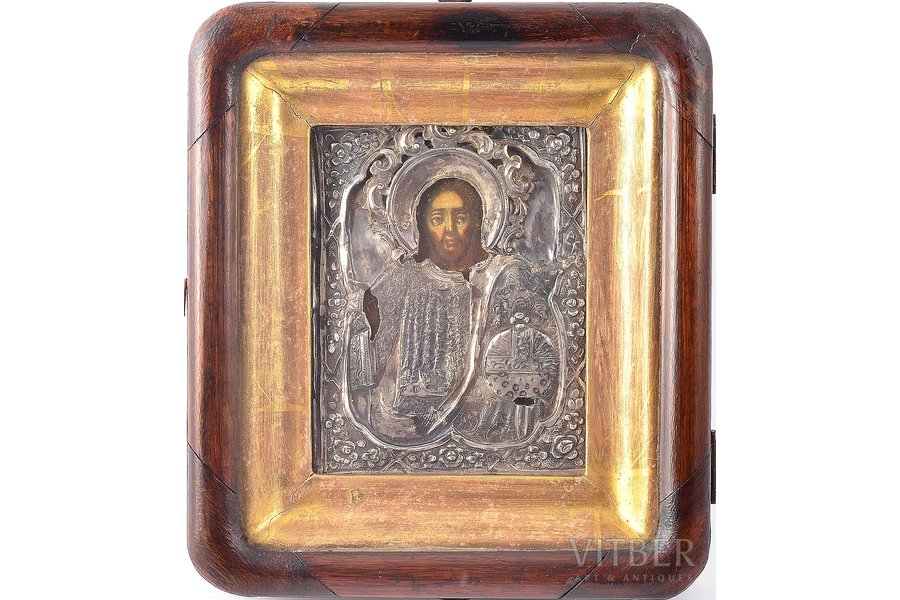 ikona, Jēzus Kristus Pantokrators, rāmī, dēlis, sudrabs, gleznojums, Krievijas impērija, 19. gs. 1. puse, 17.1 x 15 x 4.6 / 10.7 x 8.3 x 0.8 cm, 28.55 g. (uzlikas svars), uzlika bez proves