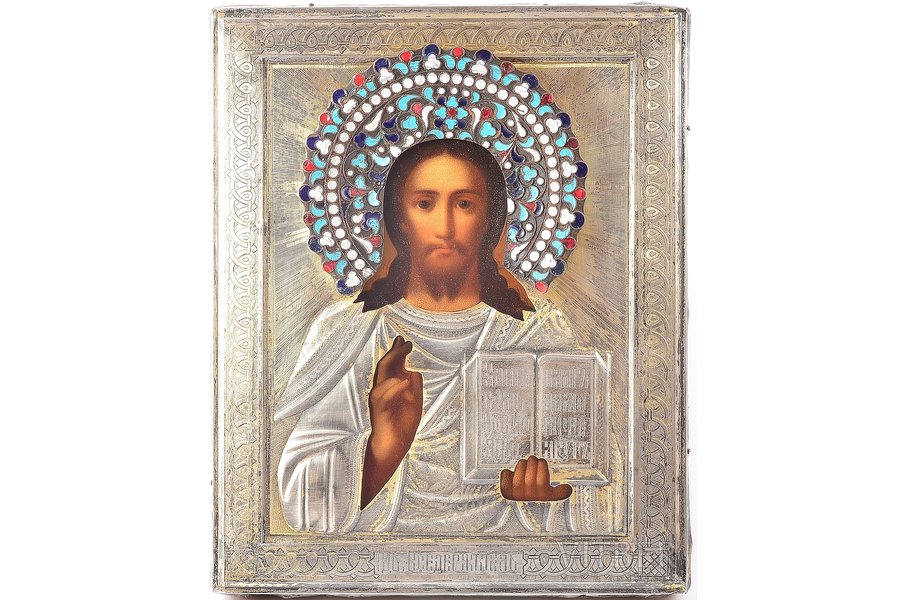 icon, Jesus Christ Pantocrator, board, silver, painting, copper, cloisonne enamel, 4-color enamel, 84 standard, workshop of Mikhail Zorin, Russia, 1905-1908, 22.2 x 18.6 x 2.1 cm, 87.95 g., (weight of oklad with copper wreath)