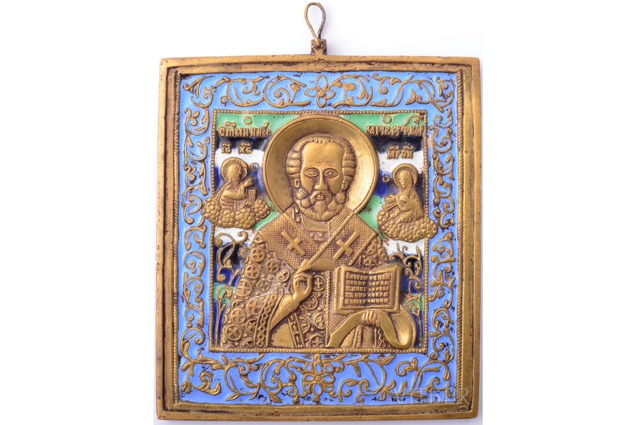 ikona, Svētais Nikolajs Brīnumdarītājs, vara sakausējuma, 5-krāsu emalja, Krievijas impērija, 19. un 20. gadsimtu robeža, 11.7 x 9.9 x 0.65 cm, 483 g.