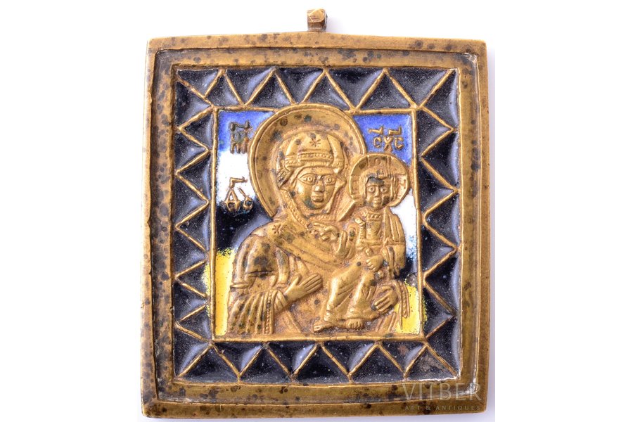 ikona, Smoļenskas Dievmāte, vara sakausējuma, 4-krāsu emalja, Krievijas impērija, 19. un 20. gadsimtu robeža, 6.2 x 5.3 x 0.45 cm, 78.75 g.